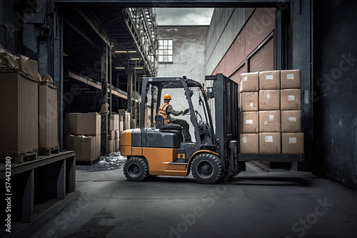 Generative Illustration AI of a forklift performing tasks of stacking and distribution of boxes and merchandise in an industrial warehouse