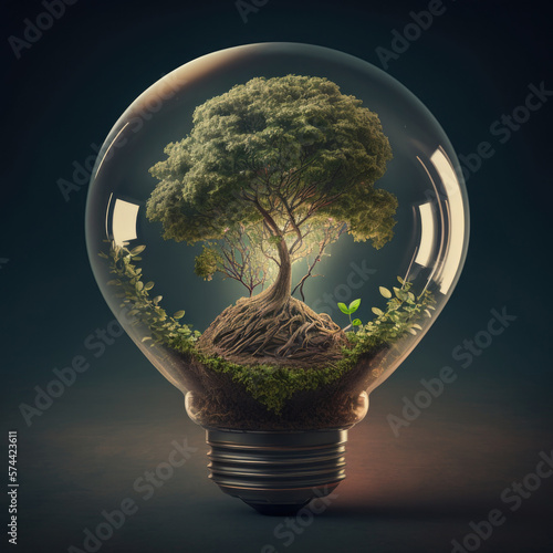 Light bulb with green tree. Illustration AI Generative