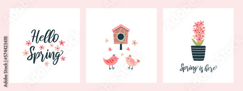 Set of spring greeting cards with hand-drawn lettering and cute illustrations. Flowers, birds, hearts. Seasonal poster, banner, invitation.