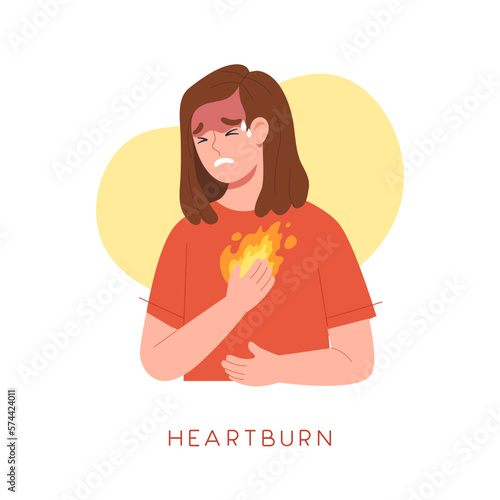 Young female having heartburn symptom. Feeling like fire burning at chest area because Sphincter open allowing acid reflux to esophagus. Concept of GERD, stomachache. Flat vector illustration.