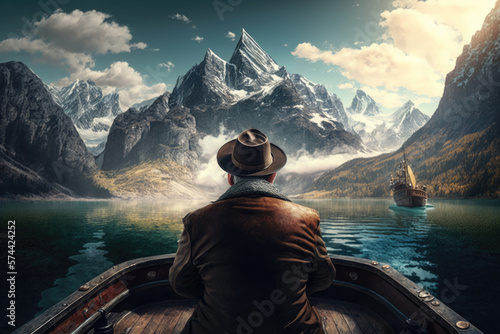 Man looking at mountain. Illustration AI Generative