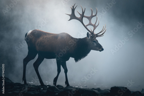 Deer in smoky forest. Illustration AI Generative © olegganko
