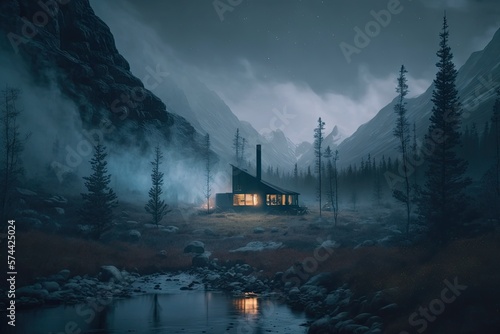 Foggy Nordic Sunrise: Cabin in the Mountain Landscape. Generative AI