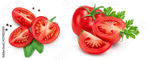 Fototapeta Naklejka Na Ścianę i Meble -  Tomato half and slices isolated on white background with full depth of field. Top view. Flat lay