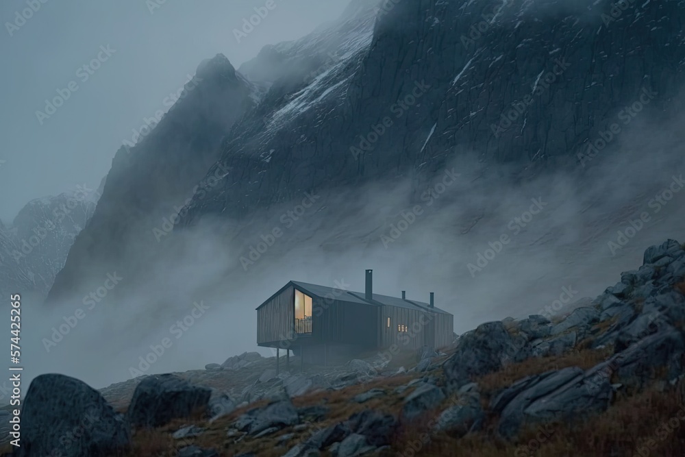Fototapeta premium Foggy Nordic Sunrise: Cabin in the Mountain Landscape. Generative AI