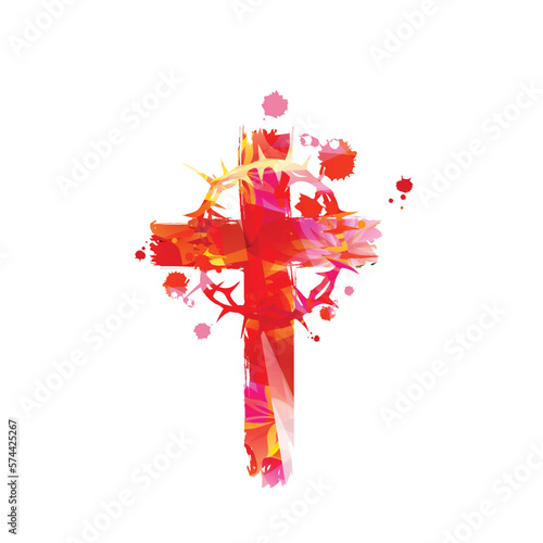 Christian cross with Crown of Thorns in red color, isolated vector illustration. Religion themed design for Christianity and church service. Wreath of thorns concept for sacrifice. Endurance symbol
