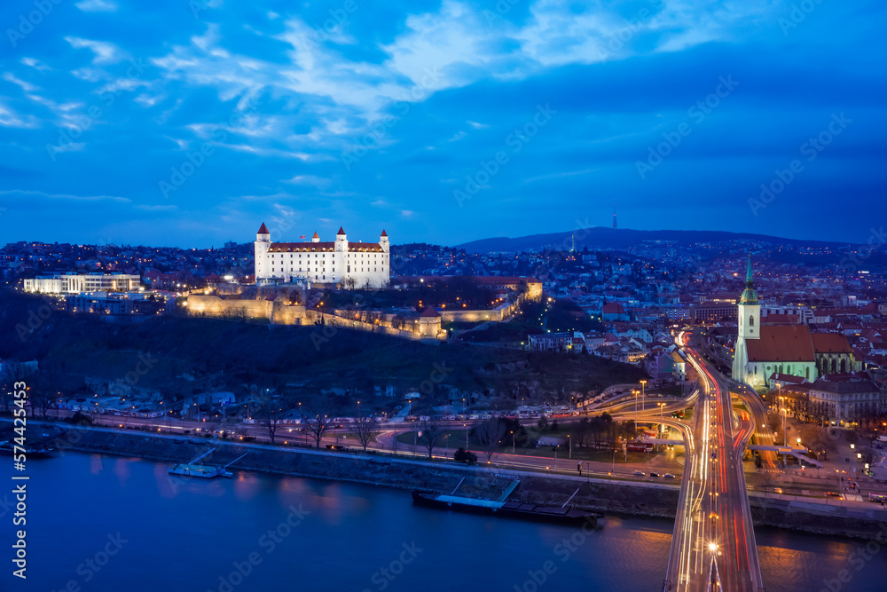 Bratislava from above at dusk with castle