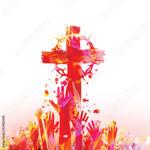 Christian cross with Crown of Thorns and hands in red color, isolated vector illustration. Religion themed design for Christianity and worshipping community. Wreath of thorns concept with arms raised