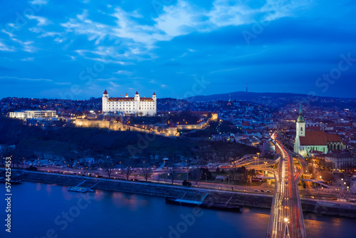 Bratislava from above at dusk with castle