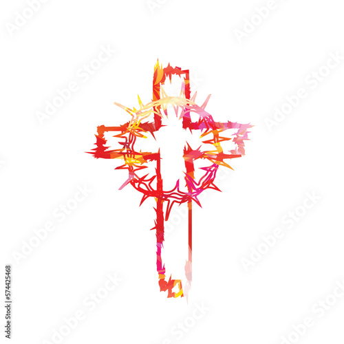 Christian cross with Crown of Thorns in red color, isolated vector illustration. Religion themed design for Christianity and church service. Wreath of thorns concept for sacrifice. Endurance symbol