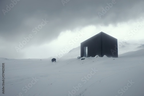 Foggy Nordic Sunrise  Cabin in the Mountain Landscape. Generative AI