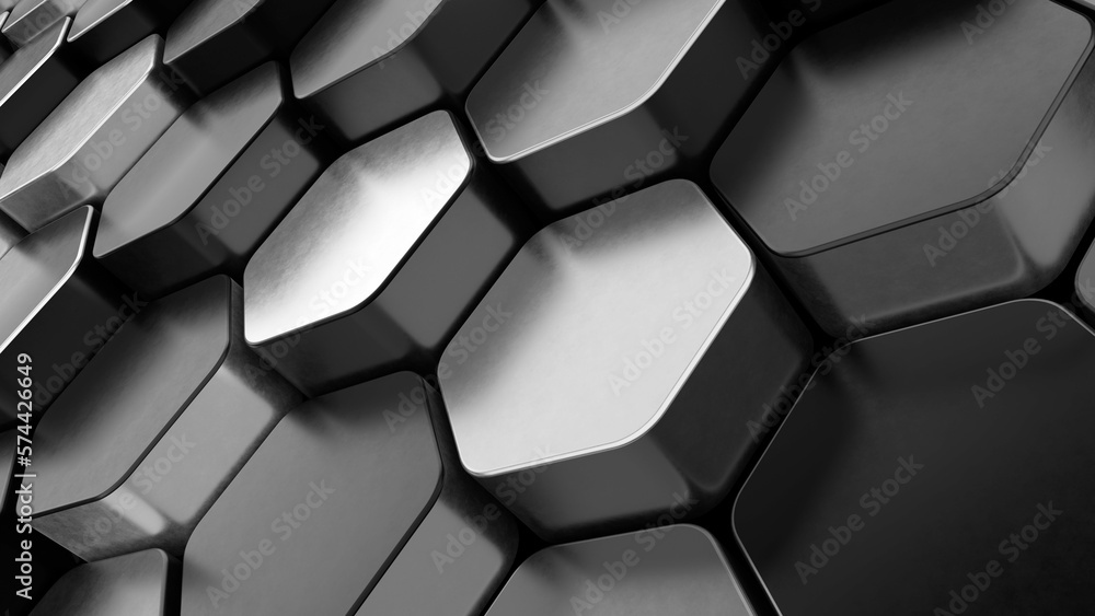 3d satin metal and black metal material hexagon Background. 3d render illustration. 3d satin metal and black metal material hexagon Background. 3d render illustration.