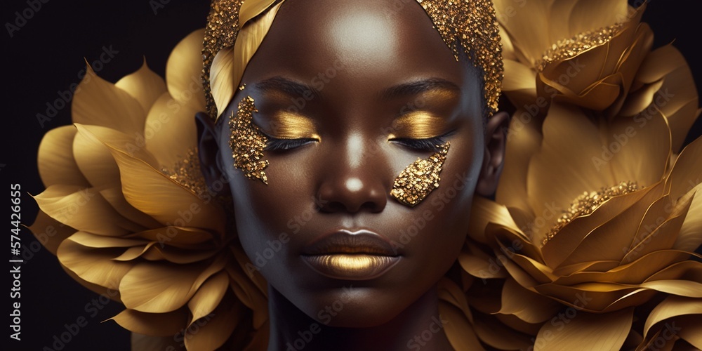Hübsches Model mit goldenem Styling und Make-up, Afroamerikanische Frau im Porträt. ai generativ