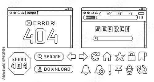 Internet browser in pixel style. Set of retro pixelated icons.