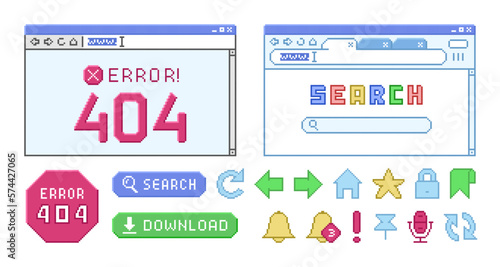 Internet browser in pixel style. Set of retro pixelated icons.
