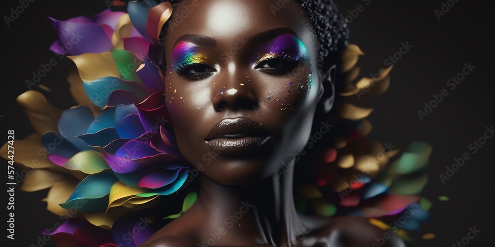 Edles Make-up mit einem Afroamerikanischem Model, Nahaufnahme Porträt einer Frau, ai generativ