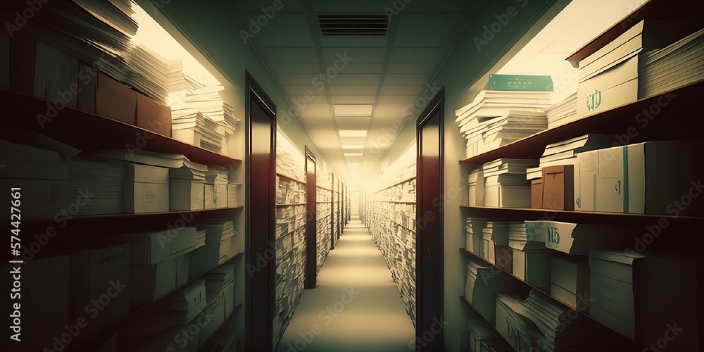 immense couloirs remplis d'étagères pleines d'archives et de papier classés - illustration ia