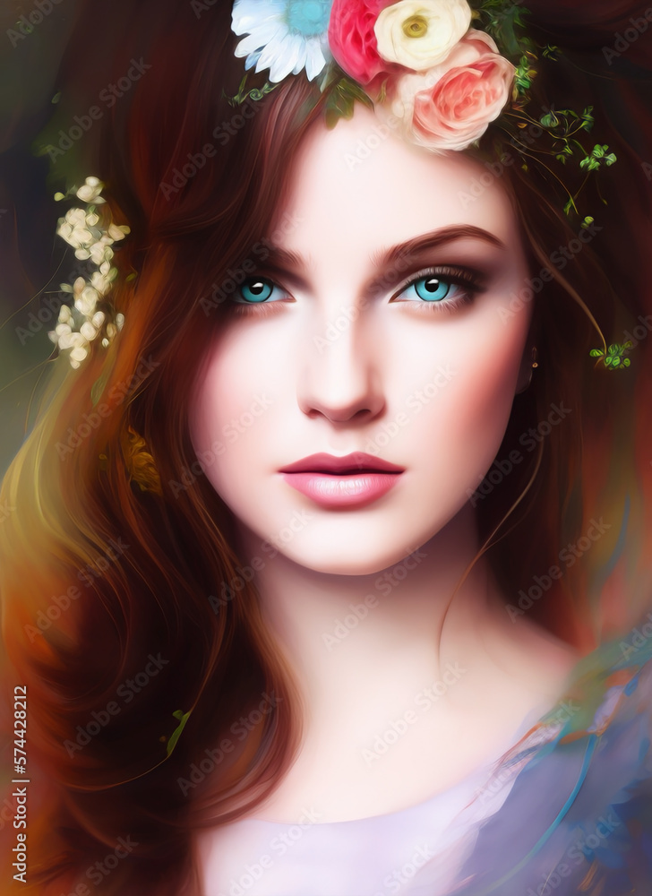 Naklejka premium Portrait of a beautiful woman. Illustration of a beautiful girl. Beautiful woman painting.