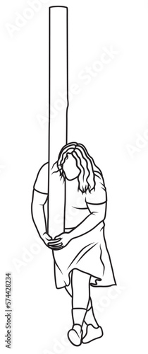 Scotland man in kilt tossing the caber at highland games. Caber toss. Scottish strongman athlete vector icon. Line art illustration. 
