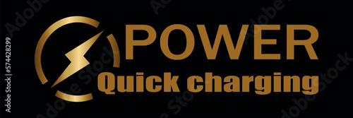 Fast electric charging. Lightning logo on a golden background. The symbol of the corporate identity of power electric charging. Express charging of energy. Company emblem of the company. 