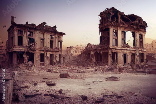 Fotografie, Obraz destroyed city at sunrise, destroyed buildings, lots of rubble and ash made with