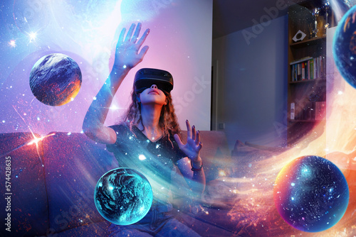 Teenager girl wear virtual reality headset. Future digital vr technology and entertainment. Space exploration with augmented reality glasses