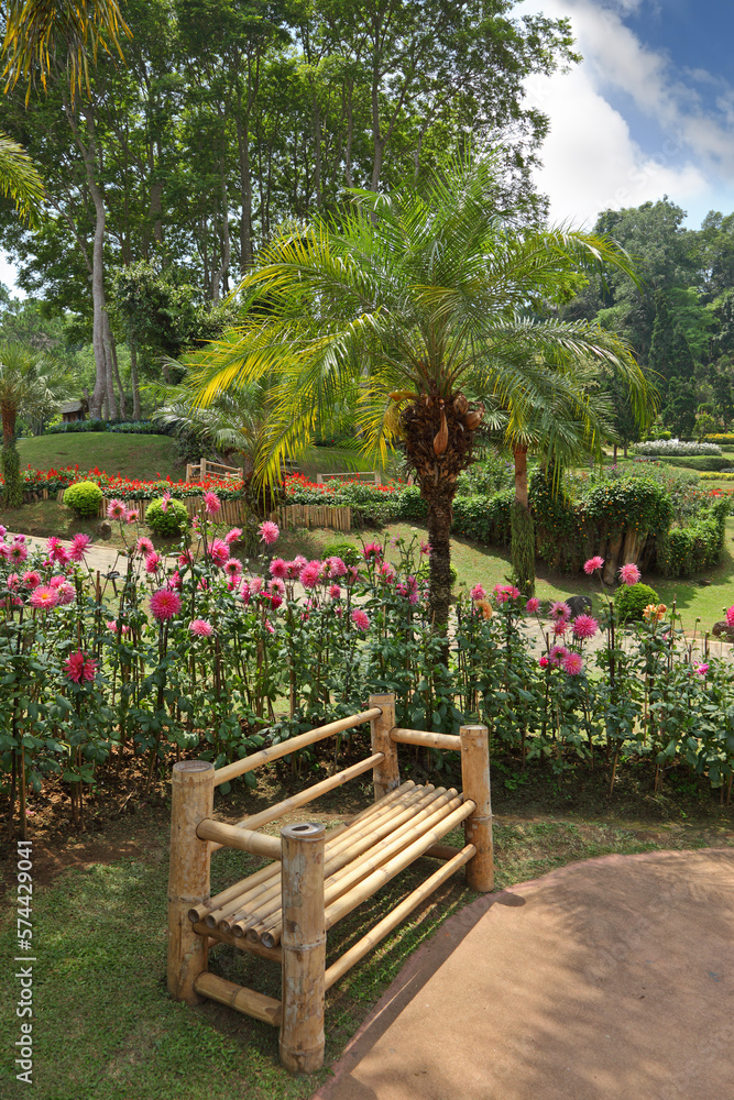 The flower beds and a comfortable bench