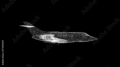 3D business jet on black bg. Object dissolved white flickering particles. Business advertising backdrop. Science concept. For title, text, presentation. 3D animation.