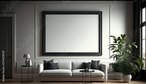 A contemporary and modern apartment interior design with a mockup blank big frame on the wall in the living room, Generative Ai © Ash