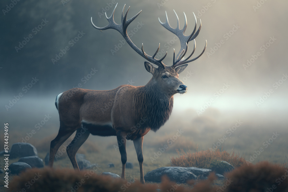 Deer in smoky forest. Illustration AI Generative