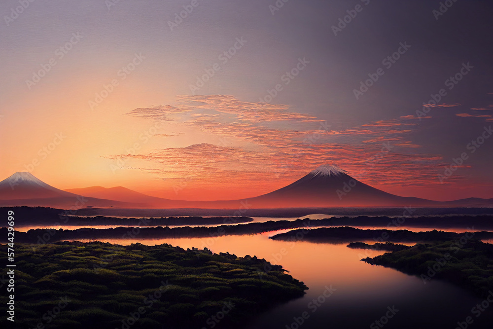 stunning Japanese landscape with mountains at sunrise made with Generative AI