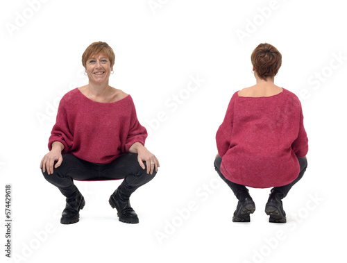 back and front view of  same woman squatting on white background photo