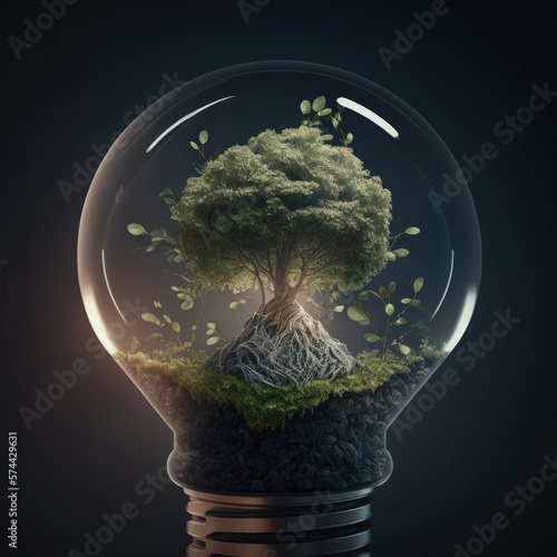 Light bulb with green tree. Illustration AI Generative