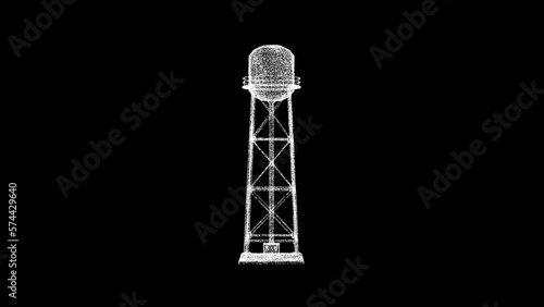 3D water tower on black bg. Object dissolved white flickering particles. Business advertising backdrop. Science concept. For title, text, presentation. 3D animation. © Оксана Олейник