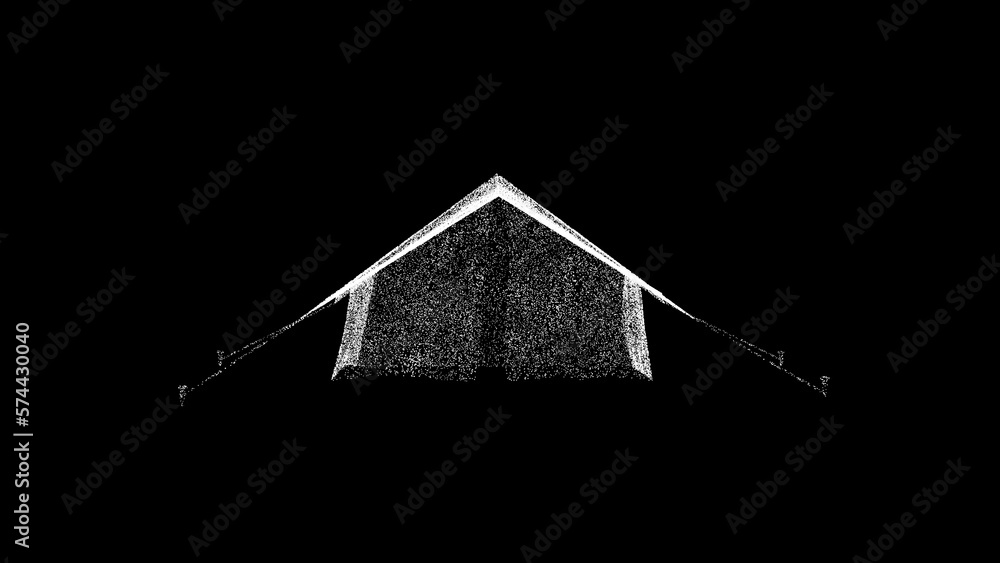 3D tourist tent on black bg. Object dissolved white flickering ...