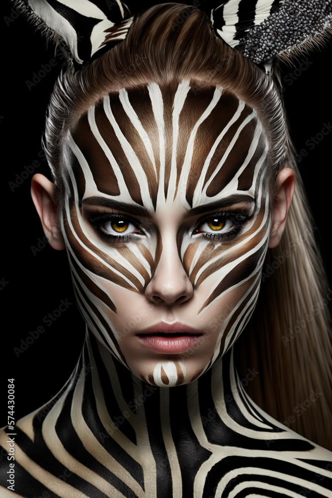 Wild Elegance: Portrait of a Girl with Zebra Body paint, image created with ia Wild Elegance: Portrait of a Girl with Zebra Body paint, image created with ia