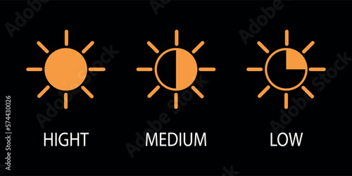 lighting brightness modes are isolated on a black background. Sun icons