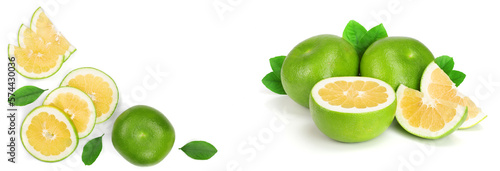 Fototapeta Naklejka Na Ścianę i Meble -  Citrus Sweetie or Pomelit, oroblanco with leaf isolated on white background with copy space for your text. Top view