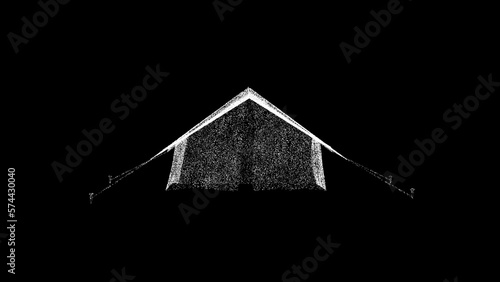 3D tourist tent on black bg. Object dissolved white flickering particles. Business backdrop. Science concept. Abstract bg title, presentation. Holographic screensaver. 3D animation