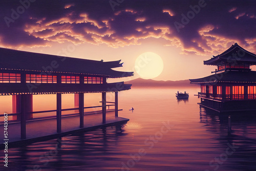 traditional japanese building during sunset made with Generative AI