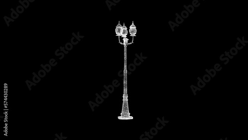 3D old street triple lamp on black bg. Object dissolved white flickering particles. Business backdrop. Science concept. Abstract bg title, presentation. 3D animation