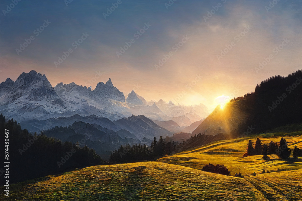 stunning swiss landscape with mountains at sunrise made with Generative AI - obrazy, fototapety, plakaty 