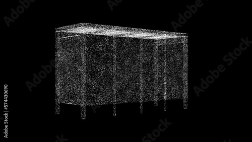 3D bus stop on black bg. Object dissolved white flickering particles. Business backdrop. Science concept. Abstract bg title, presentation. Holographic screensaver. 3D animation