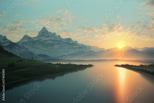 stunning swiss landscape with mountains at sunrise made with Generative AI © Marvin