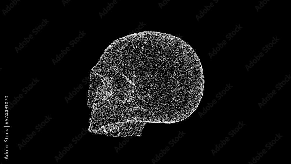 3D skull on black bg. Object dissolved white flickering particles. Business backdrop. Science concept. Abstract bg title, presentation. Holographic screensaver. 3D animation