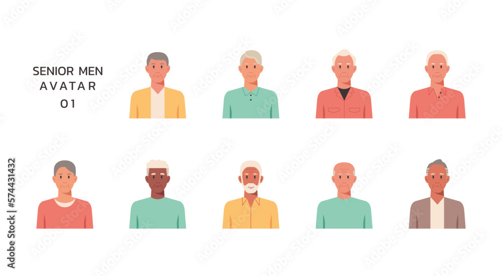 People portraits of older men isolated set, senior male faces avatars, vector flat illustration People portraits of older men isolated set, senior male faces avatars, vector flat illustration