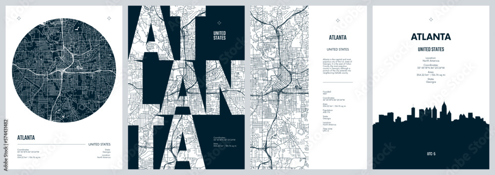 Set of travel posters with Atlanta, detailed urban street plan city map, Silhouette city skyline places of interest, vector artwork - obrazy, fototapety, plakaty 