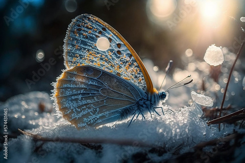 In ice and snow A close up of  light blue ice butterfly falls in the snow Around the trees,generative ai. © Nokhoog