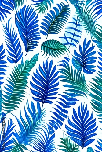 Exotic tropical leaves drawn on the blue wall. Floral background. Design for wallpaper, photo wallpaper, wallpaper, card, postcard - generative ai