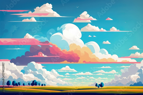 Beautiful colorful landscape with clouds illustration, Generative AI 
